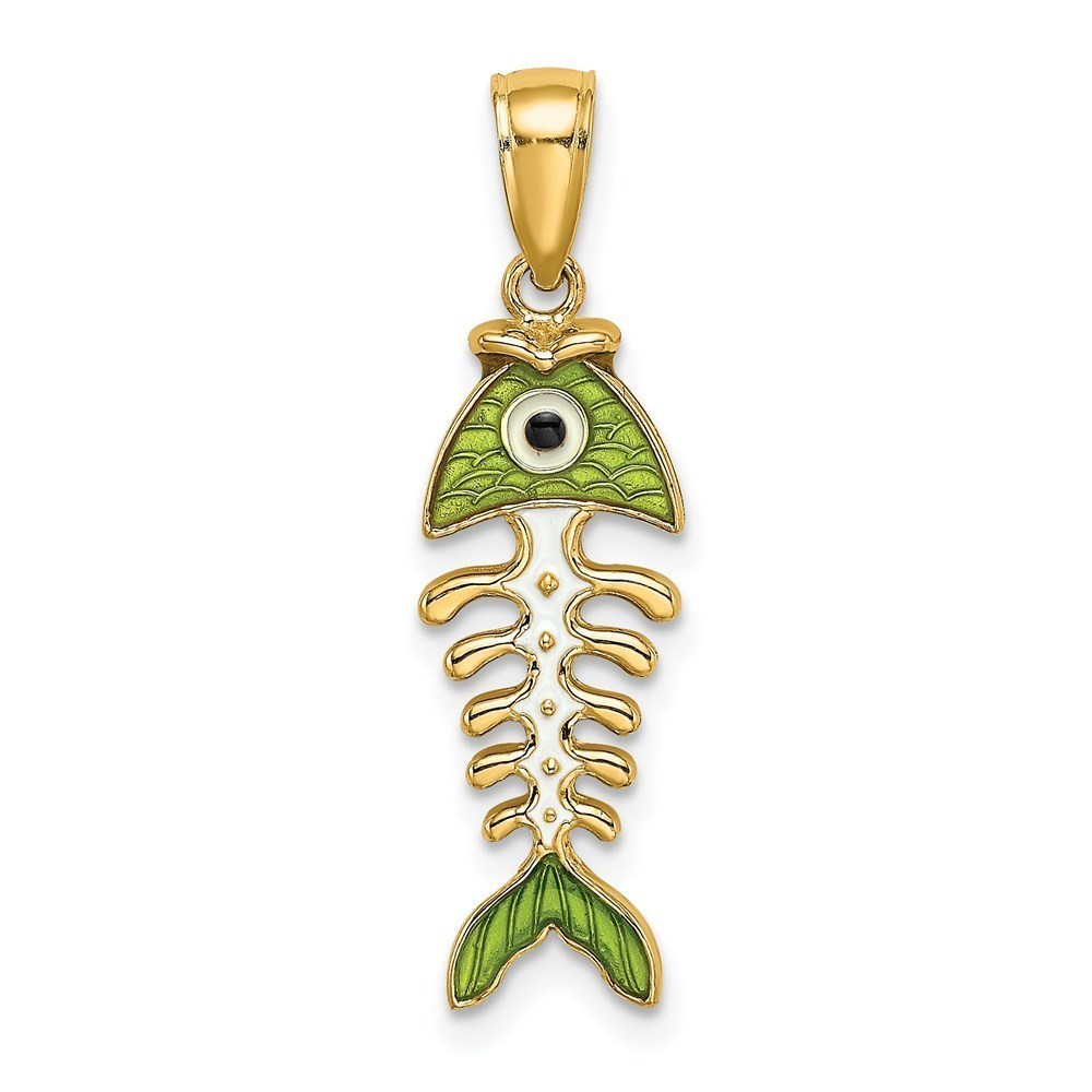 14k Yellow Gold 3D  Green Enamel Fish Bone Necklace Charm Pendant